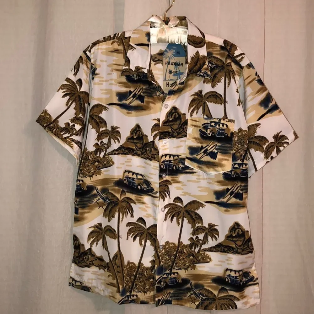 Han Ton M Beige Brown Tan Button Front Short Sleeve One Pocket Hawaiian Shirt